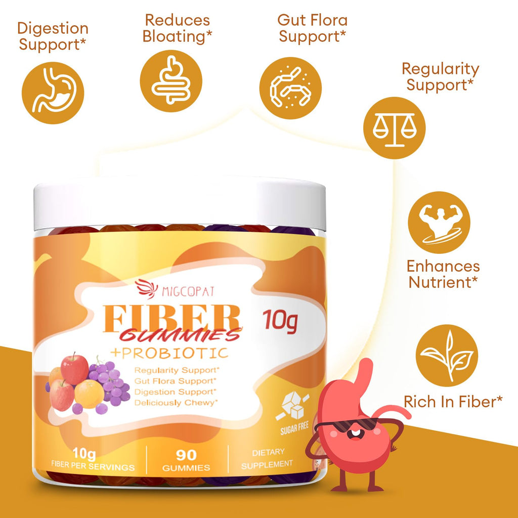 Migcopat 10G Fiber Gummies with Probiotics, Fiber Supplement with 30 Billion CFU Probiotics Blend, ACV, Vitamin C, Inulin - Support Digestive Health - No Sugar Added - Fruit Flavored - 90 Count