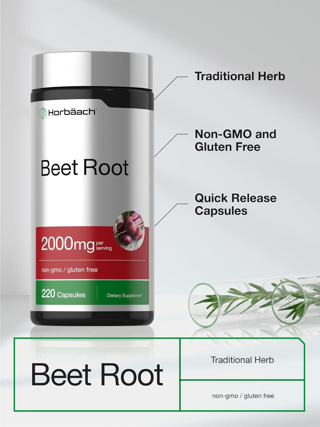 Horbäach Beet Root Powder Capsules | 220 Pills | Herbal Extract | Non-GMO, Gluten Free Supplement