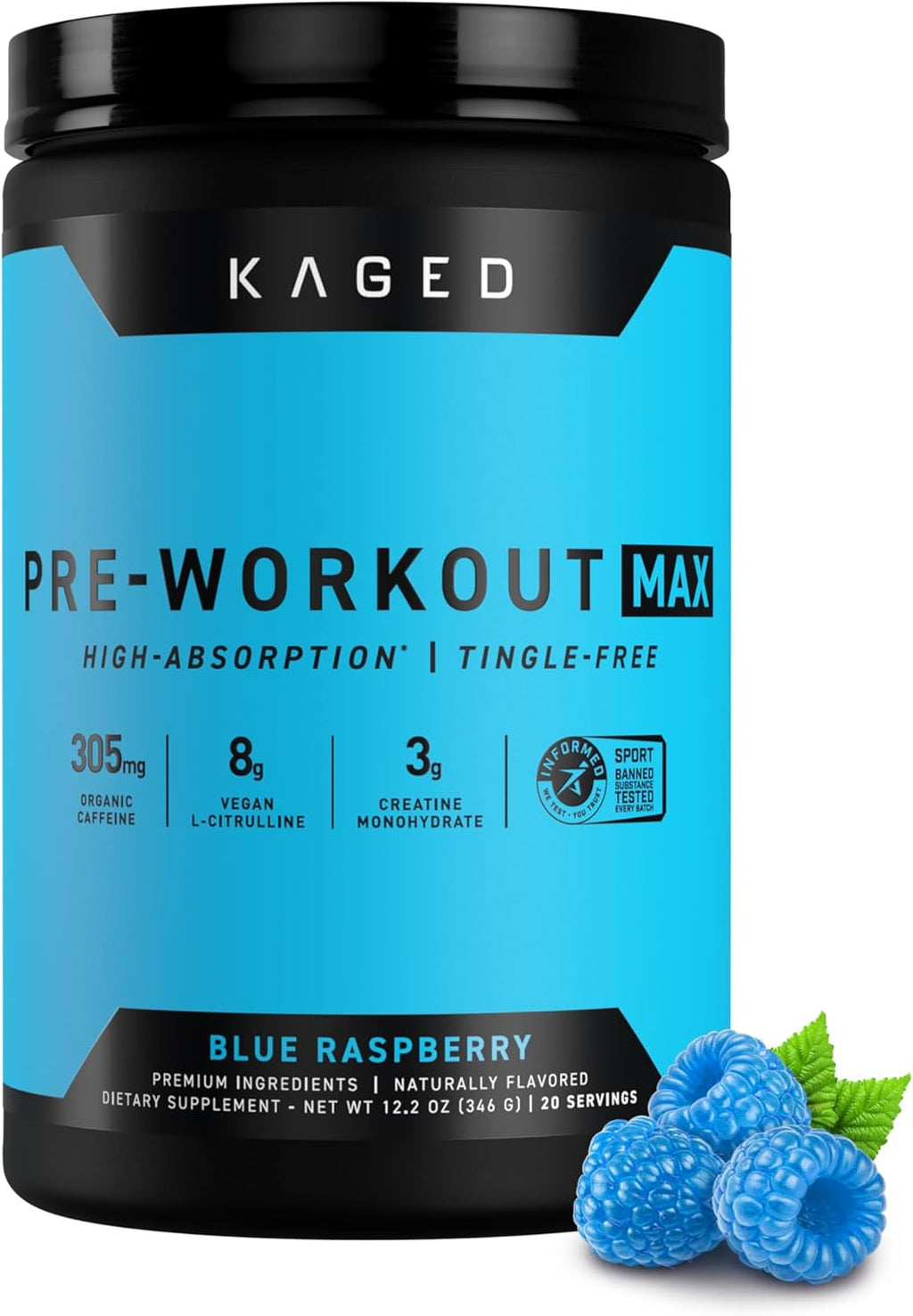 Kaged Pre Workout MAX Powder | Blue Raspberry | Tingle Free, High Stim Pre-Workout | 305 mg Caffeine, Creatine, L-Citrulline | MAXCatalyst for Absorption | Supplements for Men & Women | 20 Servings