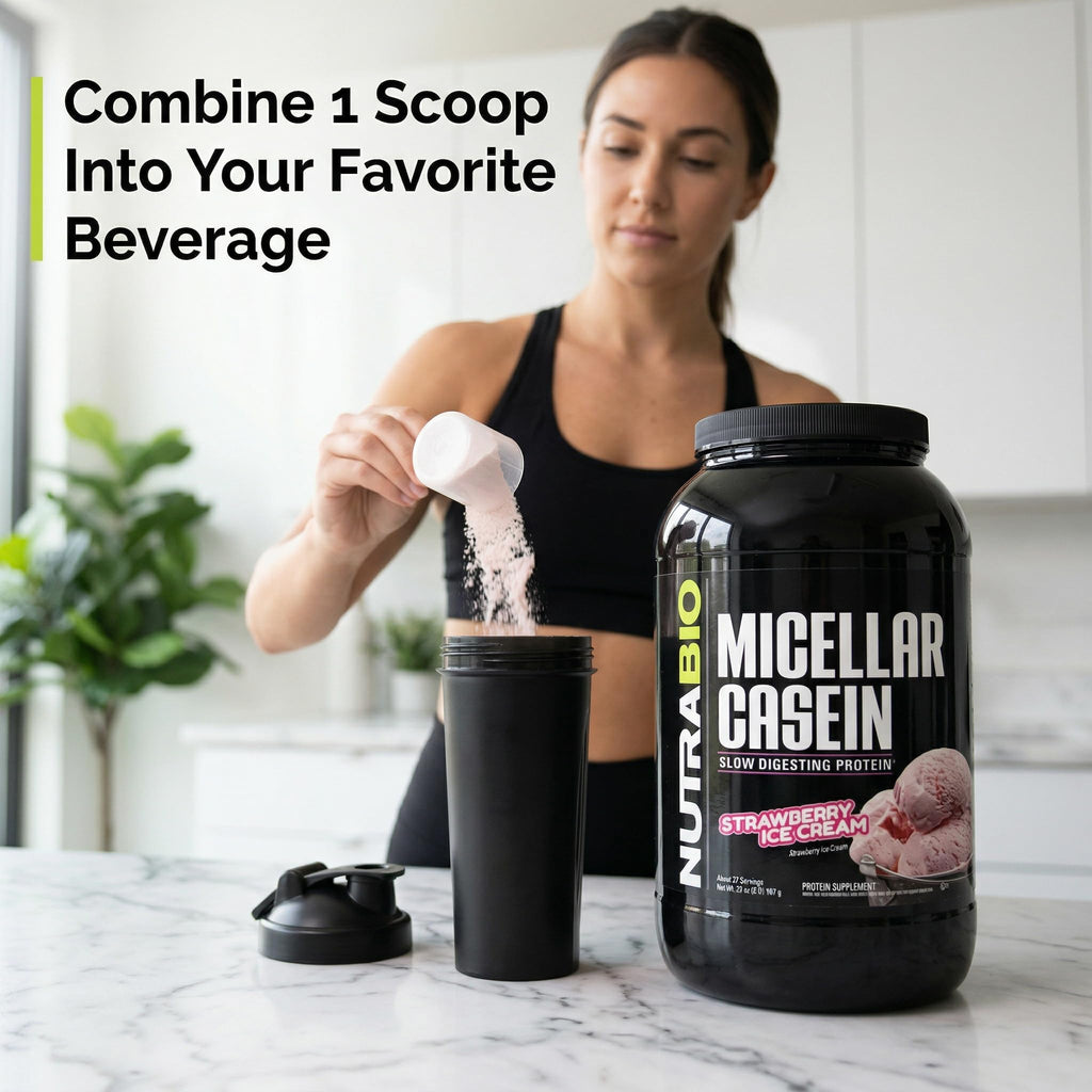 NutraBio Casein Protein Powder, Micellar Casien Powder, 25g Slow Digesting Protein, Helps Keep You Full, Overnight Muscle Recovery & Growth, BCAA & EAA, Gluten Free, Soy Free, 2lb Strawberry Ice Cream