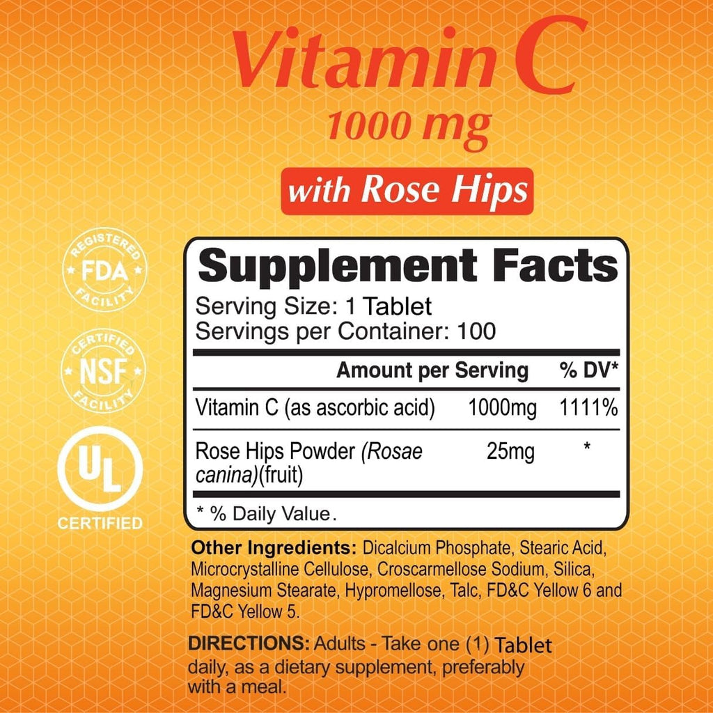 ALFA VITAMINS Vitamin C with Rose Hips with 1000 mg Vitamin C per Serving - Antioxidant & Immune Support + Supports Healthy Skin & Joints - Non GMO, Vegan, Gluten Free, Dairy Free - 100 Tablets