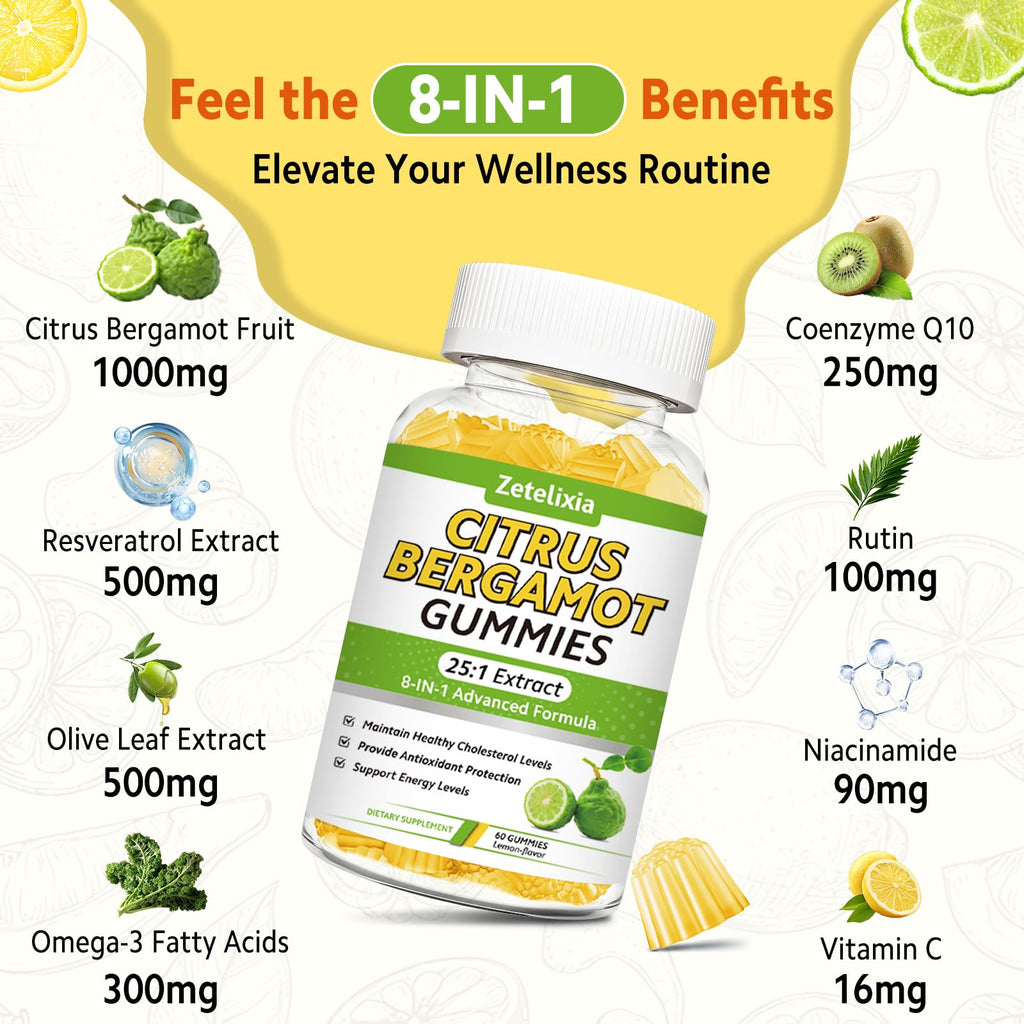 2 Pack Citrus Bergamot Gummies, Citrus Bergamot Supplement for High Cholesterol, Cholesterol Lowering Supplement for Heart, Immune System & Healthy Aging Support, Sugar Free, Lemon Flavor, 120 Cts