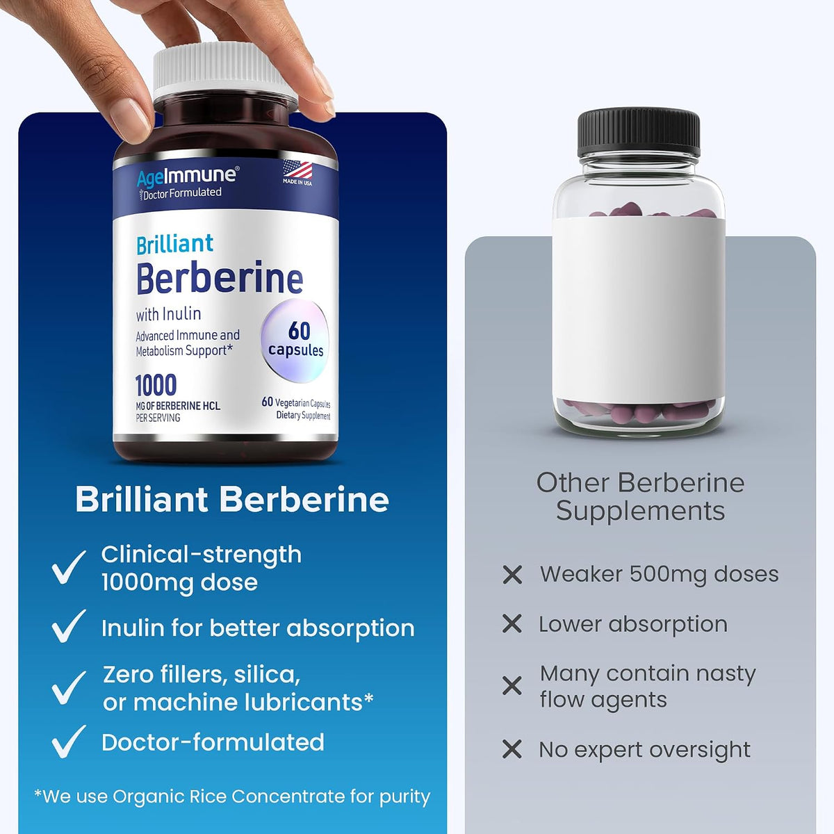 AgeImmune Berberine 1000mg Supplement Complex with Inulin Prebiotic - Berberine HCL 500mg per Capsule - Doctor Formulated and Third Party Tested Berberine Supplement