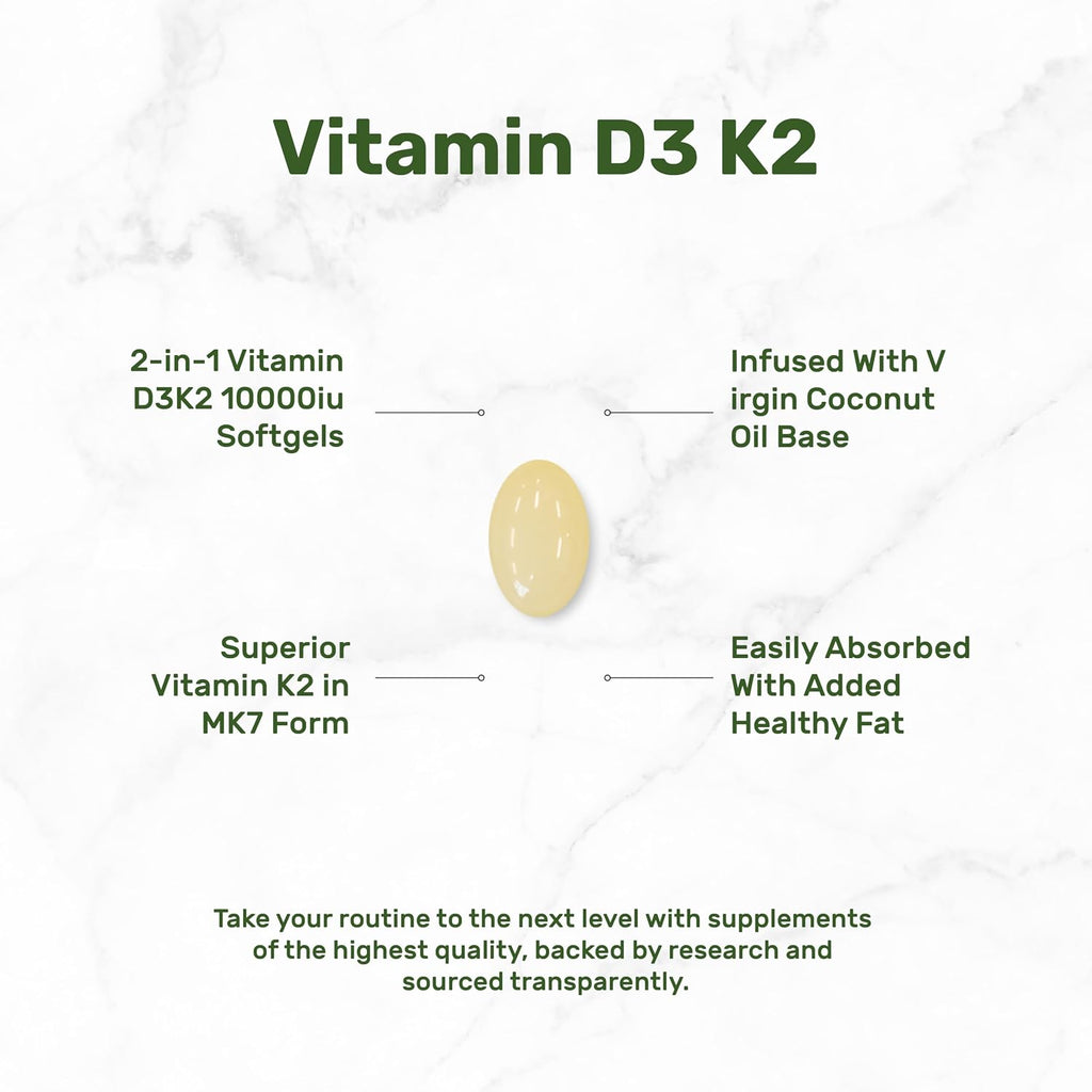 DEAL SUPPLEMENT Vitamin D3 10,000 IU + K2 MK7 200mcg Softgels, 250 Count | 2-in-1 Complex with Virgin Coconut Oil | Easy to Swallow