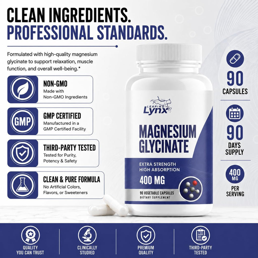 Magnesium Glycinate 400mg per Serving (60mg Elemental Magnesium) – 90 Capsules, High Absorption Chelated Magnesium Supplement for Sleep, Calm, Muscle Recovery & Nervous System Support