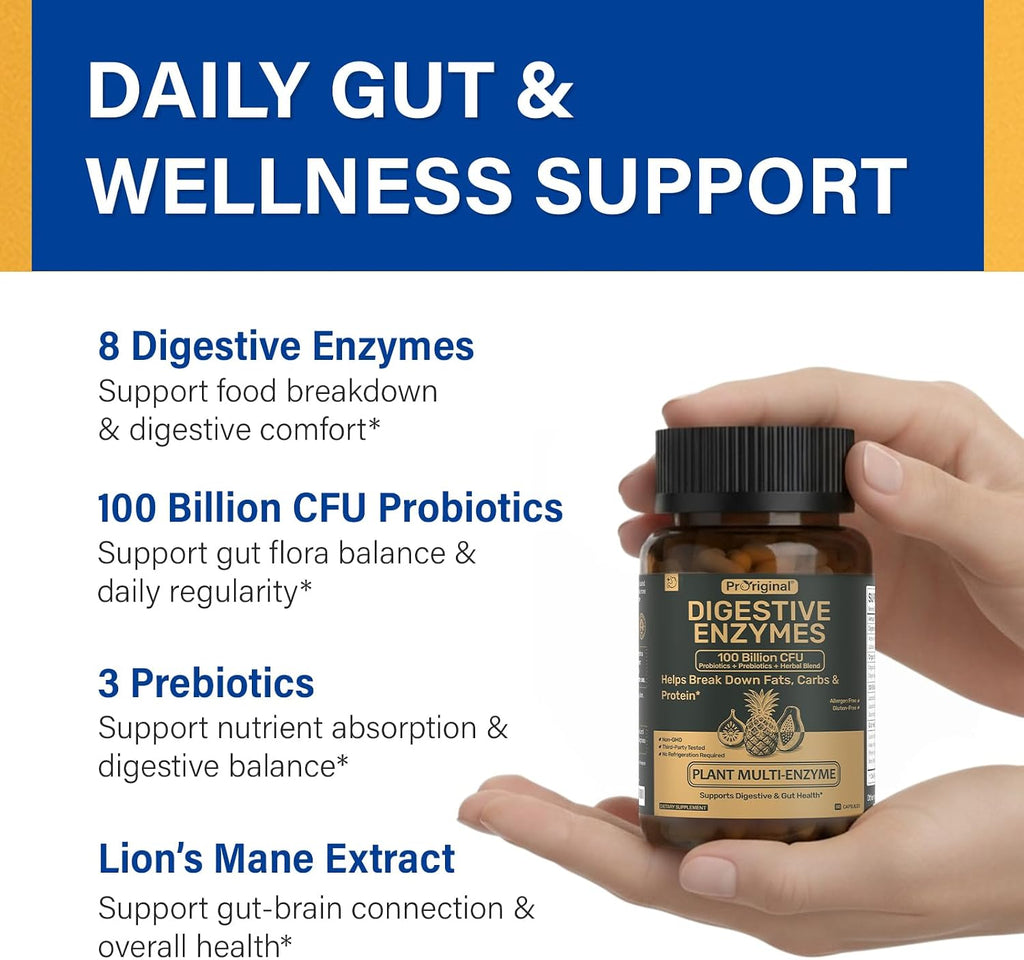 Digestive Enzymes Supplement with 100 Billion CFU Probiotic & Prebiotic | Multi-Enzyme Formula for Women & Men - Supports Digestive & Gut Health, Aids Protein, Carb & Dairy Digestion, 60 Caps