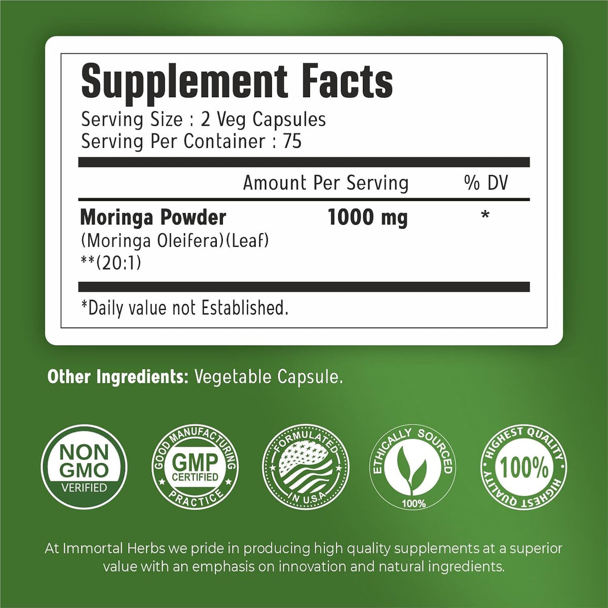 Moringa Capsules 1000mg, 20:1 Pure Moringa Leaf Powder Extract, 150 Vegan Pills, 2.5 Month Supply, Non-GMO & Gluten Free Oleifera Green Superfood Supplement