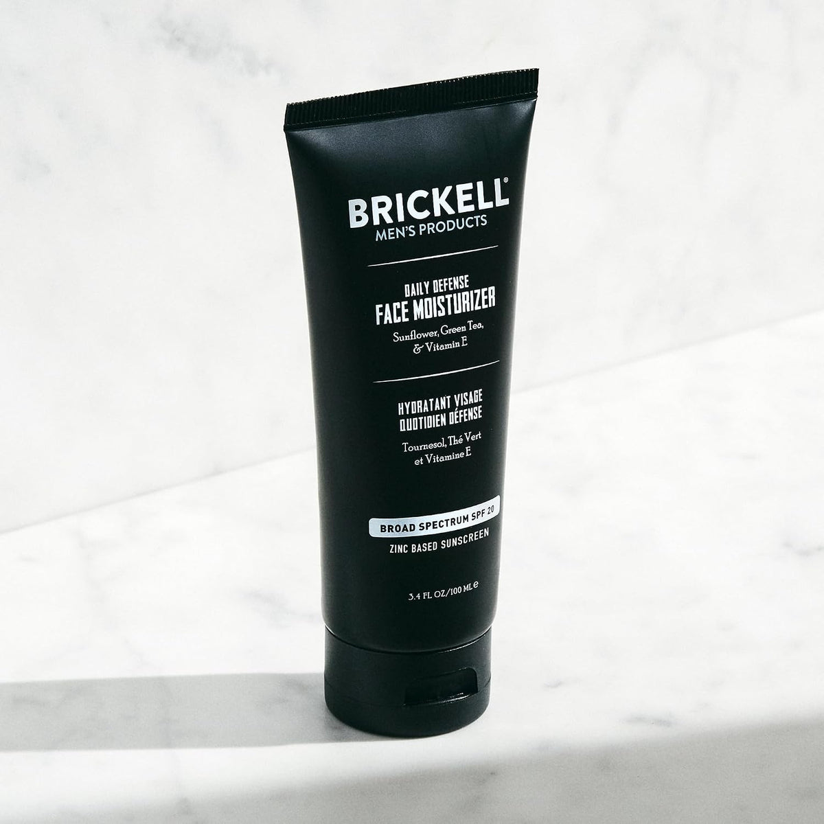 Brickell Men's Daily Defense SPF20 Face Moisturizer for Men, Moisturizing Mineral Sunscreen, Hydrates & Protects Skin Against Harmful UVA/B Rays, With Zinc, Green Tea, & Vitamin E, 3.4oz, Unscented