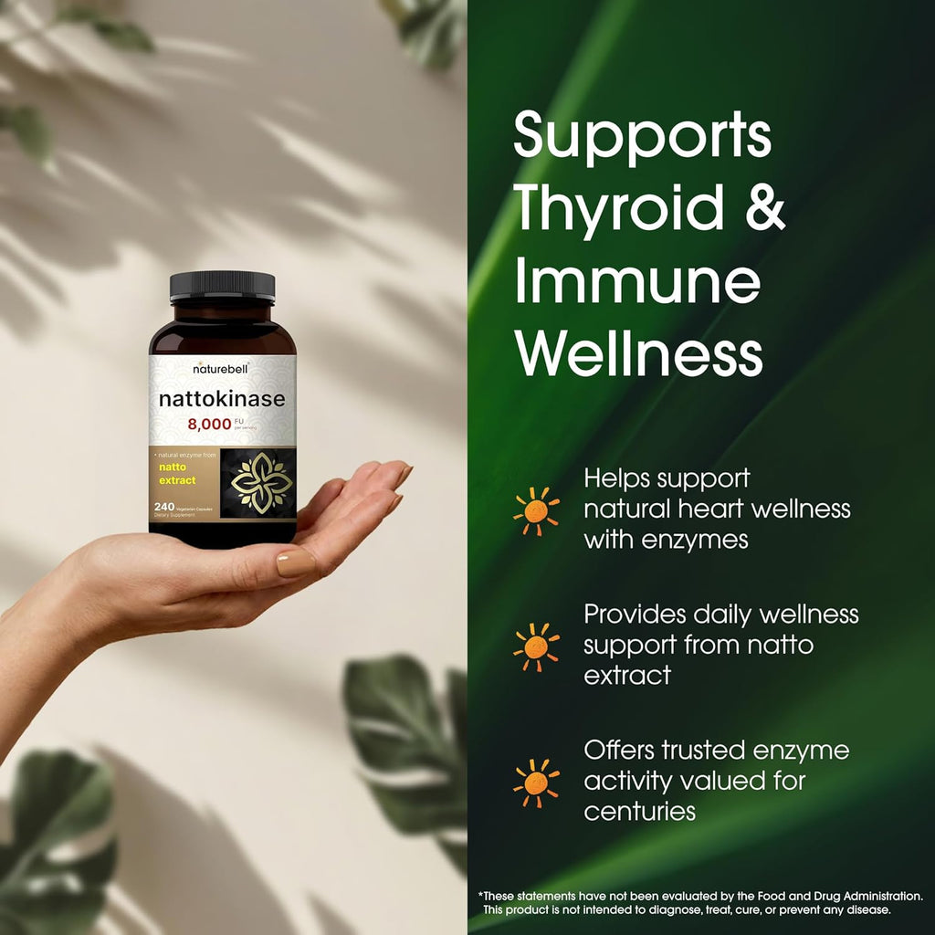 NatureBell Nattokinase - 240 Capsules - 8,000 FU Max Strength from Fermented Natto Extract - for Heart Health, Healthy Circulation & Daily Wellness Support*