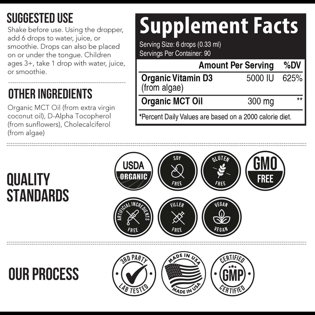 Organic Vitamin D3 5,000 IU - 100% Whole Food & Plant-Based Cholecalciferol Form, 100% Vegan Vitamin D - Enhanced with Prebiotic & Superfood Complex – Organic, Vegan, GMO & Gluten Free (60 Capsules)