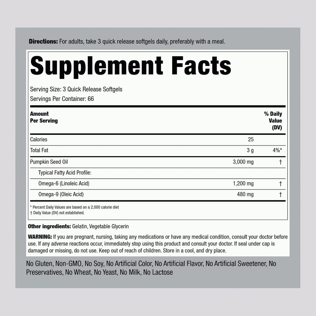 Piping Rock Pumpkin Seed Oil Softgel Capsules | 200 Count | Cold Pressed Herbal Supplement | Extra Virgin with Omega 6 and 9 | Non-GMO, Gluten Free