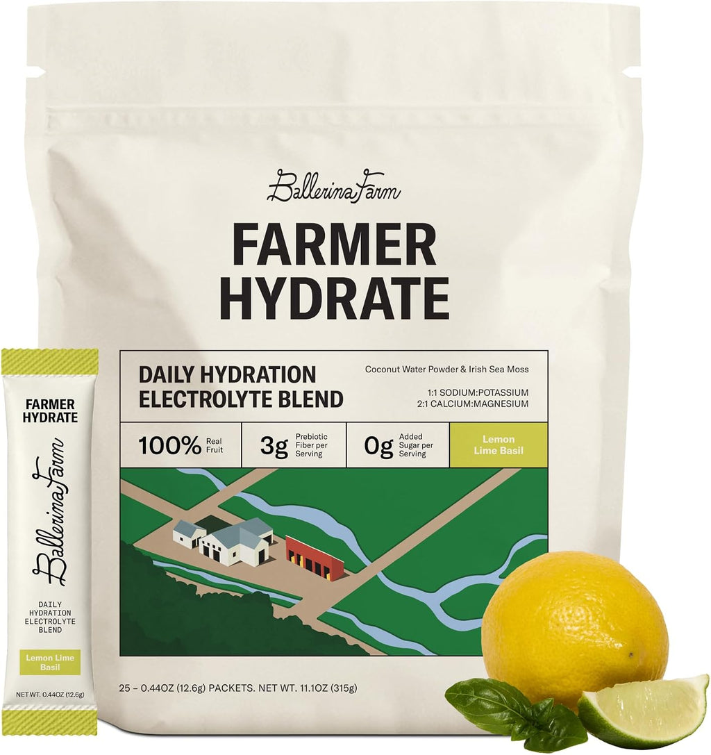 Ballerina Farm Farmer Hydrate Lemon Lime Basil Electrolyte Powder Packets | Travel Ready, Organic Coconut Water, Irish Sea Moss, French Sea Salt, 210mg Sodium, 25 Count