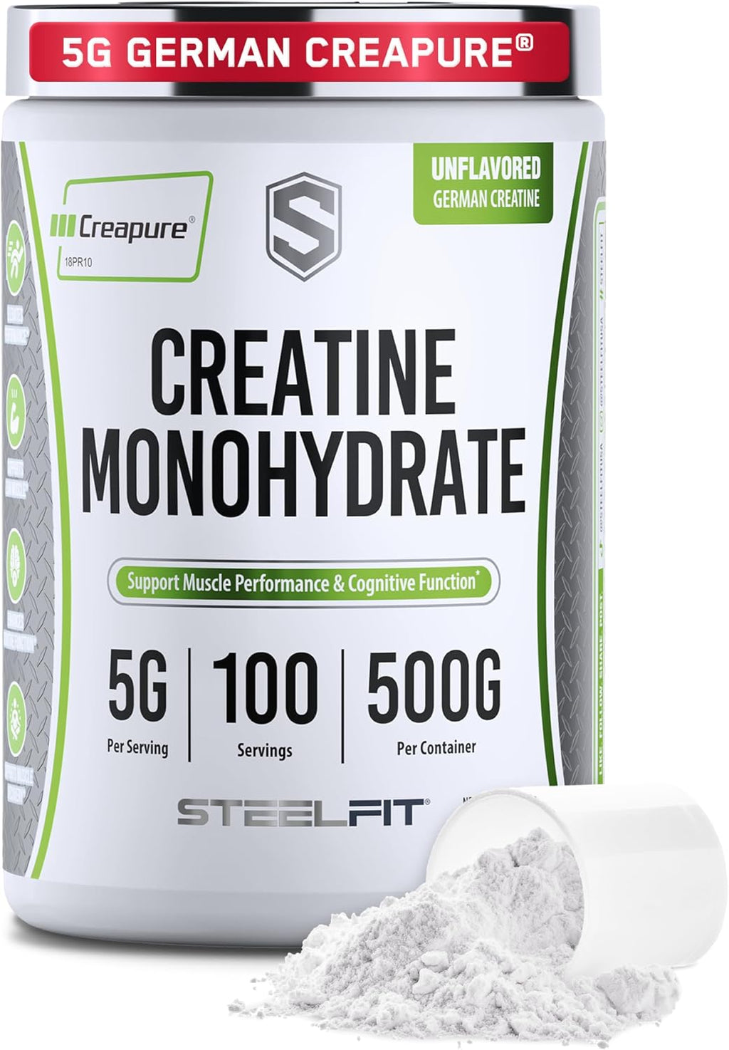 SteelFit Creapure Creatine Monohydrate Powder, Unflavored, 100 Servings | German Creatine Powder for Men, Women - Gym Workout Nutritional Supplements for Muscle Gain, Brain Health & Strength Building