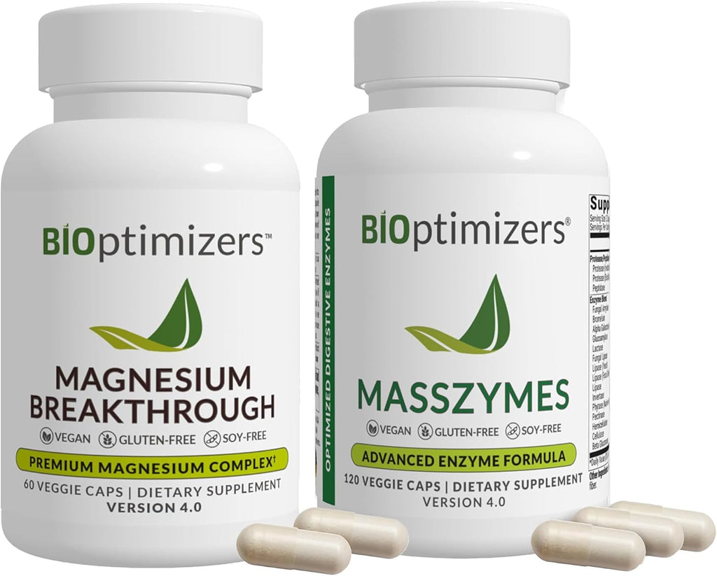 BiOptimizers MassZymes Digestive Enzymes - Probiotic Breakthrough Bundle – Gut Health & Bloating Relief – Prebiotic & Enzyme Support for Digestion, Energy, Immunity & Recovery – 180 Vegan Capsules