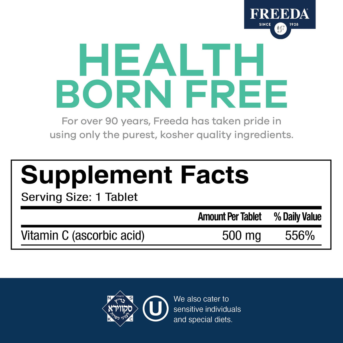 FREEDA Vegan Vitamin C 500mg – Kosher Immune Support & Antioxidant – Helps Maintain Healthy Skin & Hair, Supports Iron Absorption – No Gluten, No Lactose, No Artificial Flavor or Color – 250 Tablets | Kosher Supplement to Support Antioxidant Protection, H