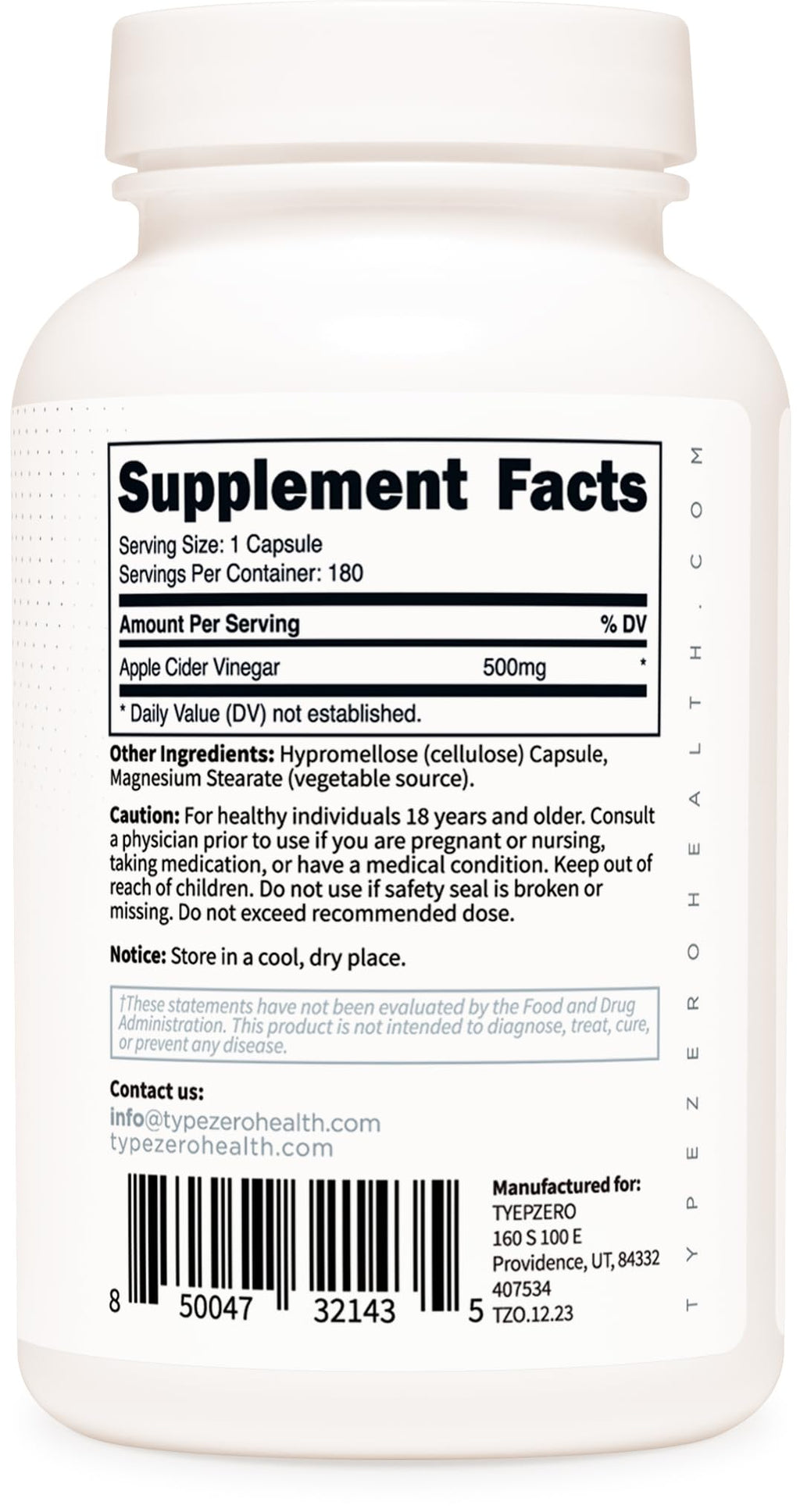 Type Zero Apple Cider Vinegar Capsules (500mg) 180 Capsules, Gluten-Free | GMO-Free Supplement