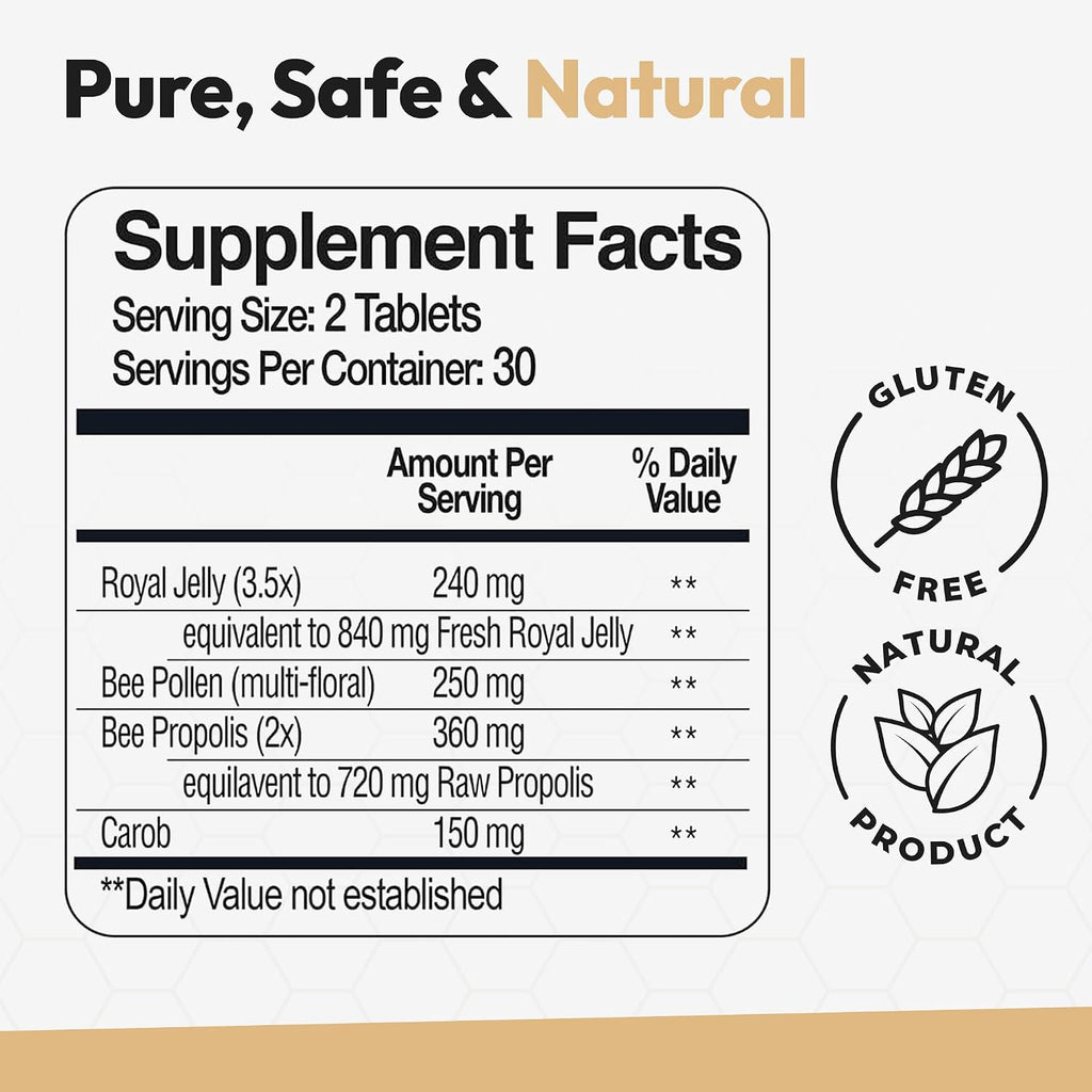 Bee and You Royal Jelly Tablet, Propolis Extract, Bee Pollen, 100% Natural Superfood, Ultra Pure, Immune Support Supplement, Improve Energy, Focus, Antioxidants, Fresh, Keto, Paleo, Gluten-Free | 60ct