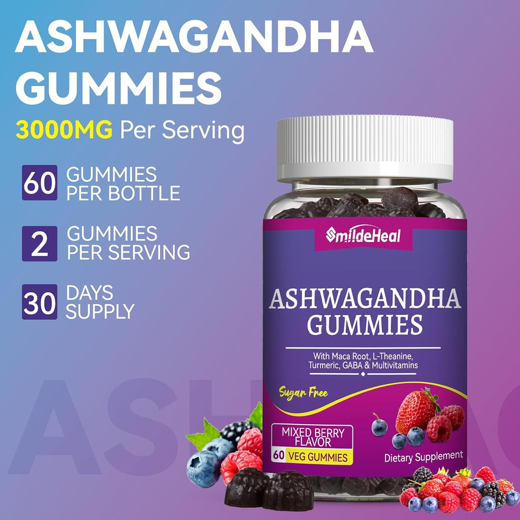 Ashwagandha Gummies 3000mg for Calm & Stress Relief, 60 Count, Vegan | Ashwagandha High Strength Root Extract Supplement with L-Theanine, Trumeric, D3 for Women & Men - Natural Mixed Berry Flavor
