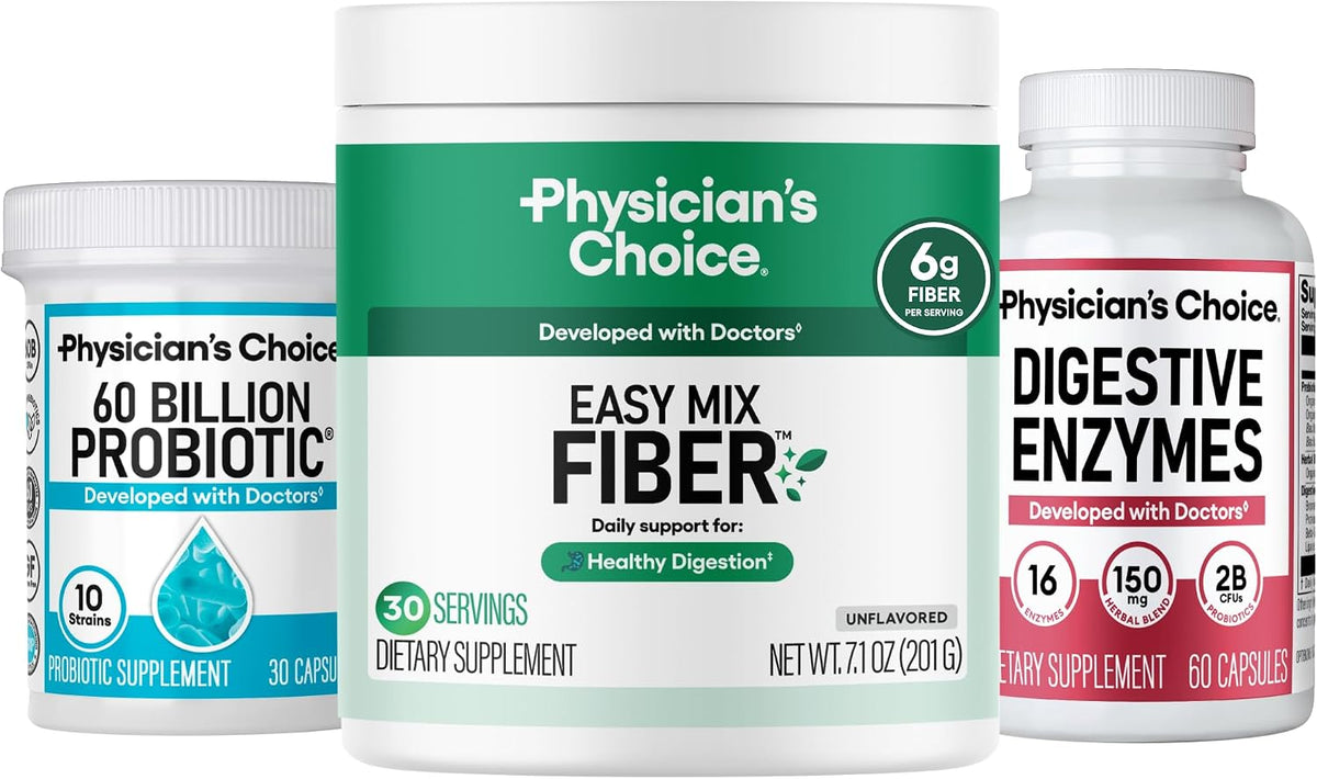 Physician's CHOICE Daily Gut Essentials Bundle: Easy Mix Fiber, Digestive Enzymes & 60 Billion Probiotic
