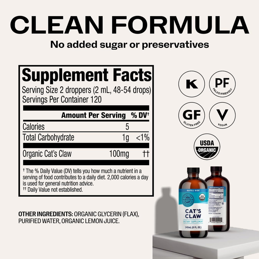 Vimergy USDA Organic Cat’s Claw Liquid – Provides Antioxidant Support* – Benefits The Immune System* – Vegan, Gluten-Free, Non-GMO – 57 Servings (115 mL)