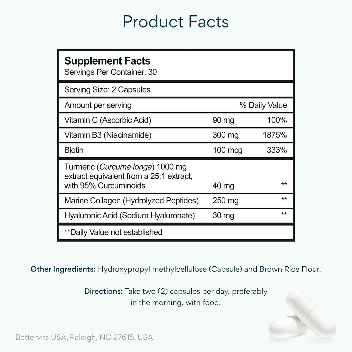 Bettervits Niacinamide Supplement with Vitamin B3, Marine Collagen & Hyaluronic Acid | High-Strength Vitamin B3 Capsules 300 mg. with Turmeric for Energy Metabolism & Skin Support - 60 Capsules