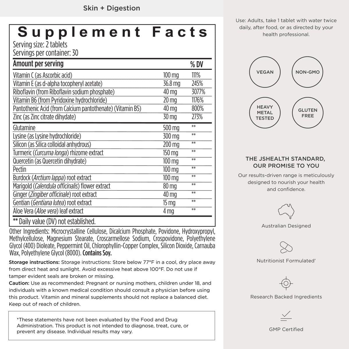 JSHealth Skin & Digestion Formula Supports Healthy Skin & Digestive Comfort | Clear Skin Supplement with Zinc, Burdock, Turmeric. Supports Healthy Skin and Digestive Comfort. Vegan (60 Tablets)