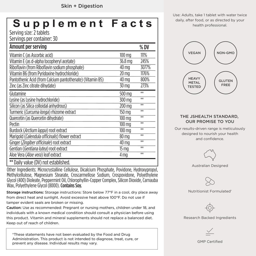 JSHealth Skin & Digestion Formula Supports Healthy Skin & Digestive Comfort | Clear Skin Supplement with Zinc, Burdock, Turmeric. Supports Healthy Skin and Digestive Comfort. Vegan (60 Tablets)