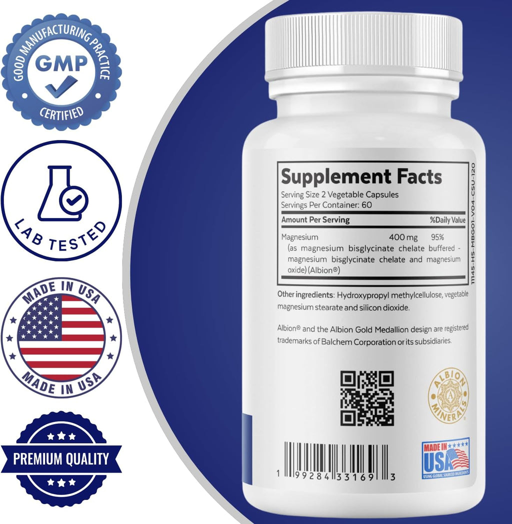 Magnesium Bisglycinate Complex 400mg Supplement | Albion TRAACS Chelated, Maximum Absorption, Gentle on Stomach, Highly Bioavailable, 120 Capsules
