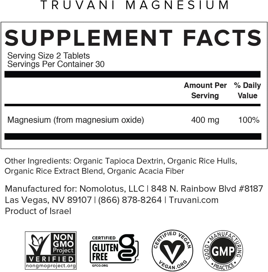 Truvani Magnesium 400mg Oxide Tablets | 60 Tablets | Vegan | Supports Calm and Sleep, Healthy Bones, Muscle Health, Digestive Health | Non-GMO, Vegan Pills