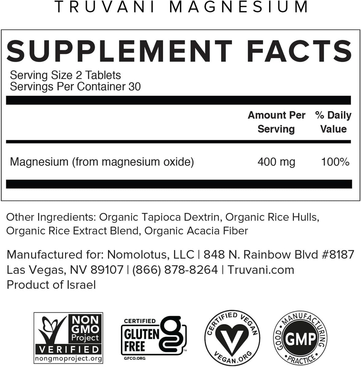 Truvani Magnesium 400mg Oxide Tablets | 60 Tablets | Vegan | Supports Calm and Sleep, Healthy Bones, Muscle Health, Digestive Health | Non-GMO, Vegan Pills