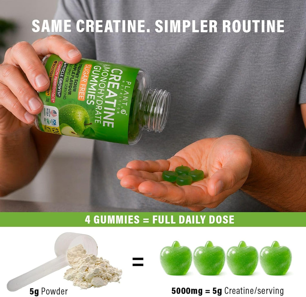 Creatine Monohydrate Gummies Sugar Free – 5000mg (5g) Per Serving (4 Gummies), 120 Count – Crisp Sour Green Apple Flavor – No Mixing – Vegan Creatine Gummies for Men & Women, Non-GMO, Gluten Free