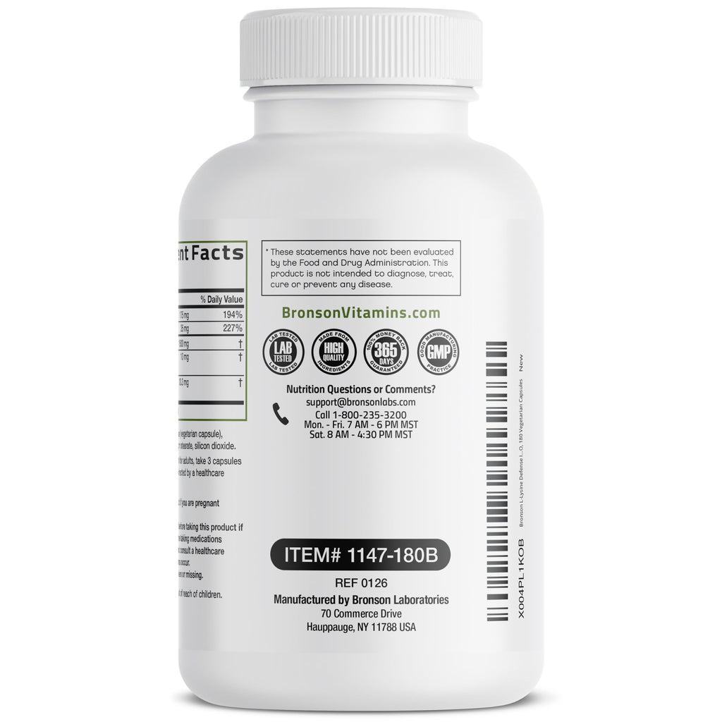 Bronson L-Lysine Defense Immune Support Complex, 1500 mg, 90 Capsules | Essential Amino Acid with Olive Leaf, Garlic, Vitamin C & Zinc, Vegetarian, Non-GMO, Gluten-Free & Soy-Free