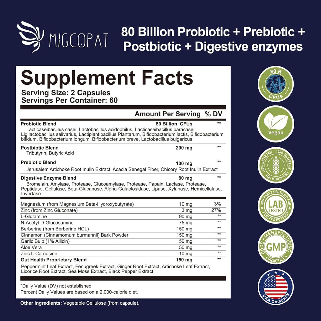 Migcopat Probiotic Prebiotic, Postbiotic & Digestive Enzymes for Digestive Health, 80 Billion CFU Probiotics Complete Gut Support with Berberine, Cinnamon, L-Glutamine, for Men & Women, 120 Capsules