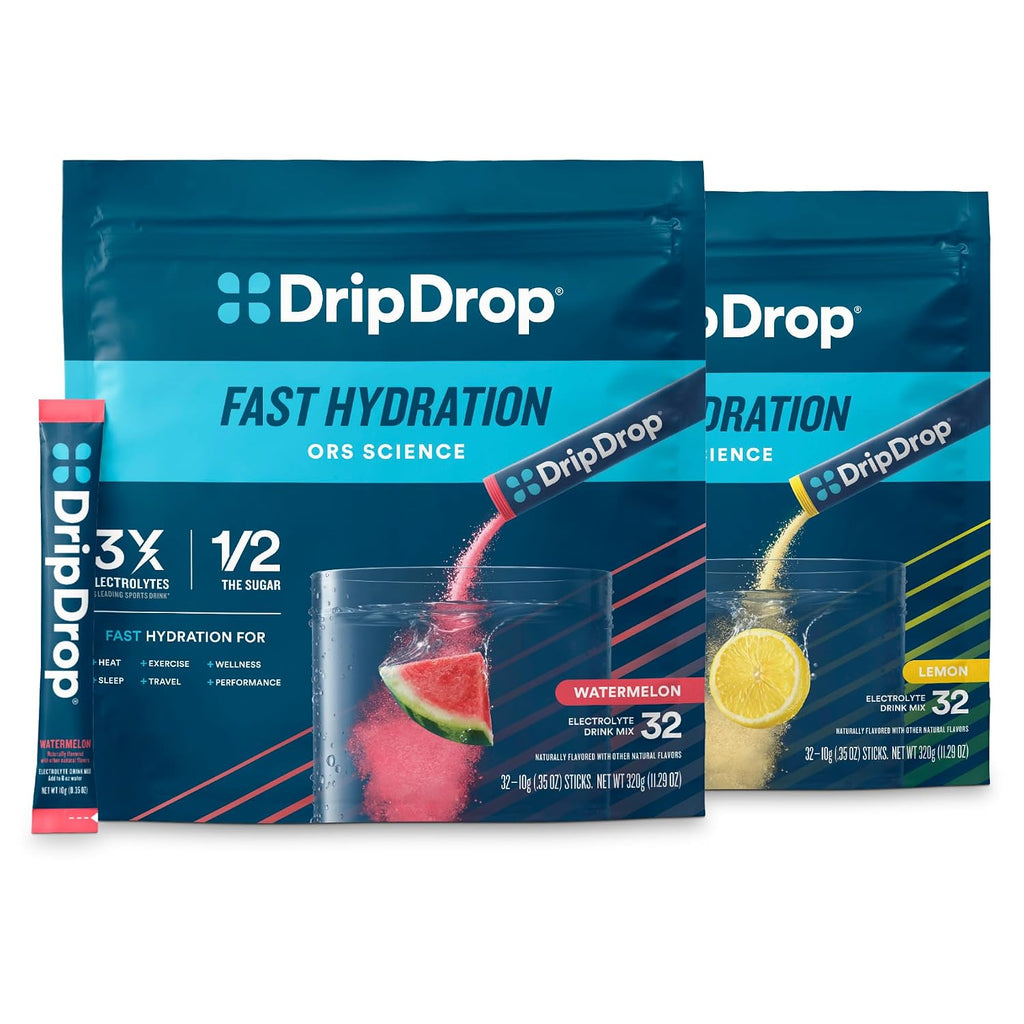 DripDrop Hydration Watermelon & Lemon Bundle, Electrolyte Packets, 64 Count | Lemon, Watermelon; 3X Electrolytes; Potassium, Magnesium, Zinc, Vitamin C; Single Serve; Daily Use, Workouts, Travel