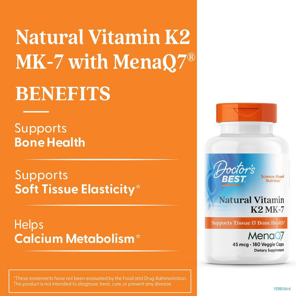 Doctor's Best Natural Vitamin K2 MK7 Supplement for Men & Women - Bone Health Support, 45 mcg Vitamin K-2 MK-7 Capsules with MenaQ7, Calcium Support, Non GMO, Vegan - 60 Veg Caps