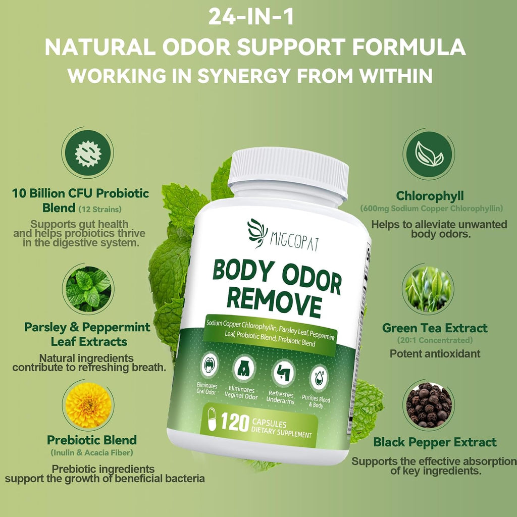 Chlorophyll Body Deodorizing Supplement with 10 Billion CFU Probiotic, Vitamin C & E, Parsley, Peppermint, Green Tea, Prebiotics, Chlorophyll Capsules Supports Breath & Whole-Body Freshness, 120 Caps