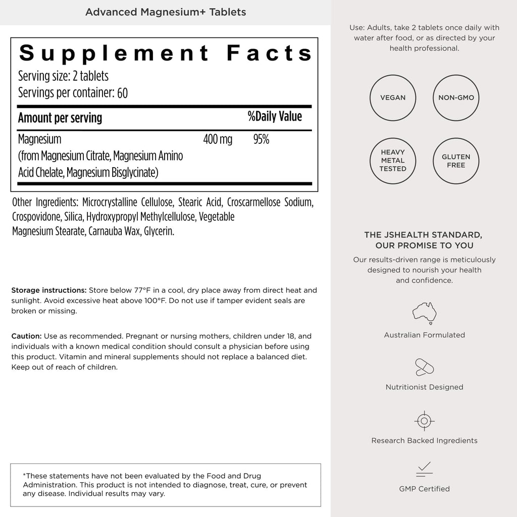 JSHealth Magnesium Supplement for Sleep. 400mg Triple-Form Glycinate | Made with Citrate, Amino Acid Chelate Developed By Nutritionist Jessica Sepel