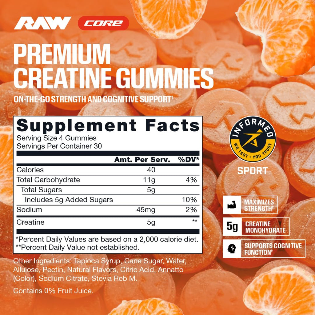 RAW Nutrition Creatine Gummies, Blue Raspberry, 5g Creatine Monohydrate, Supports Strength & High-Intensity Performance, No Mixing Chewable Pre/Post Workout Supplement, 120 Gummies (30 Servings)