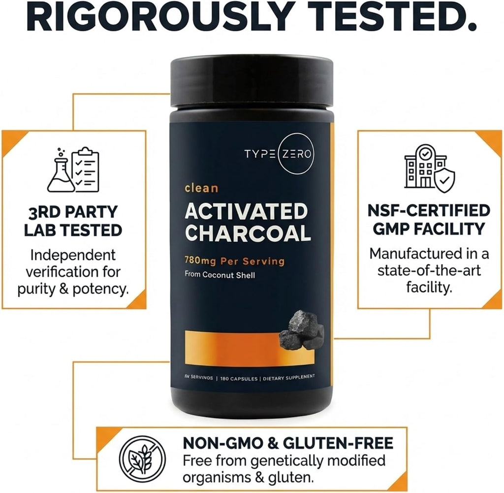 Type Zero Activated Charcoal (780mg) 180 Capsules, 60 Servings, Gluten-Free | From Coconut Shell, GMO-Free