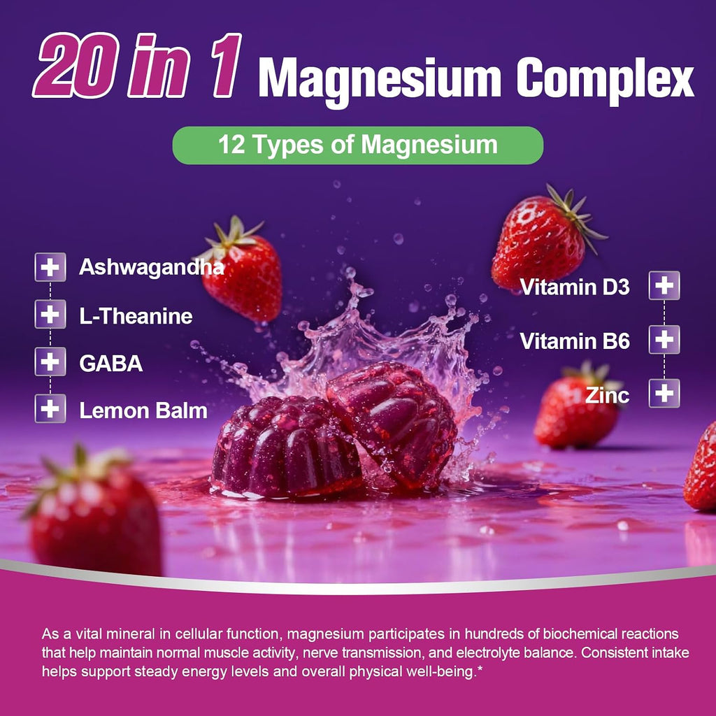 Migcopat Magnesium Complex 20 in 1 Magnesium Gummies with Glycinate Citrate Malate Taurate - Ashwagandha, L-Theanine, D3&Zinc for Relaxation, Sleep, Muscle&Heart Support, Strawberry, 60 Cts