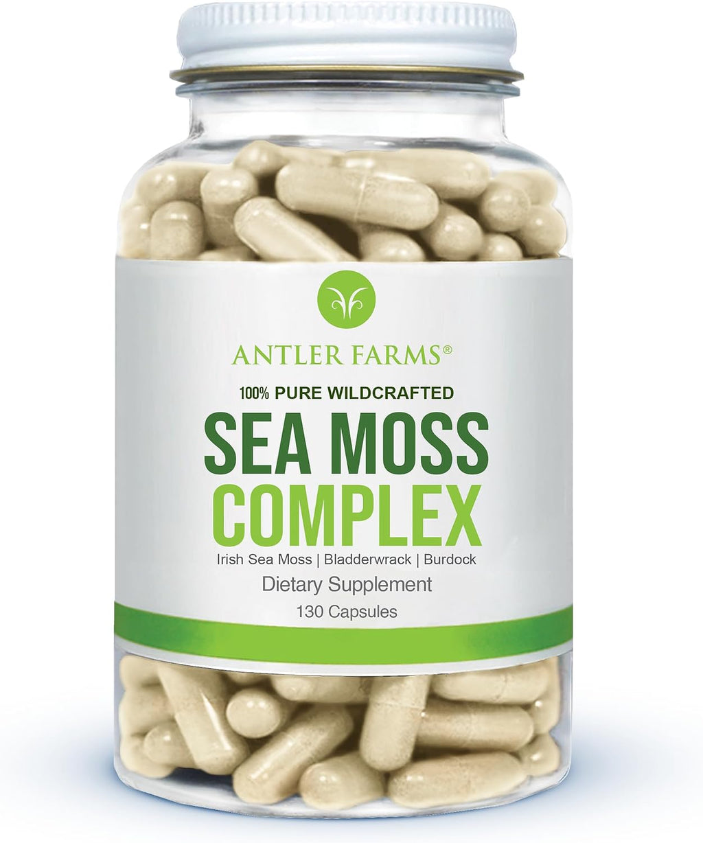 Antler Farms Sea Moss Complex - Bladderwrack, Burdock Root, 130 Capsules | Wildcrafted Irish Sea Moss, Bladderwrack, and Burdock Root, for Wellness, Vegan-Friendly, Gluten, Soy, and Dairy Free