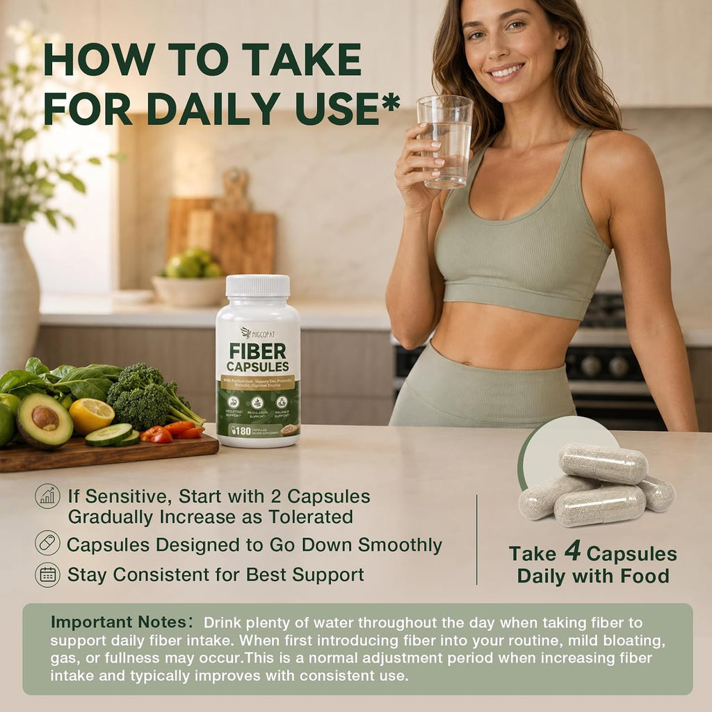Migcopat Psyllium Husk Fiber Capsules, Fiber Supplement with Prebiotic Probiotic & Digestive Enzymes, Slippery Elm & Aloe Vera, Supports Gut Health & Regularity for Women & Men - 180 Capsules