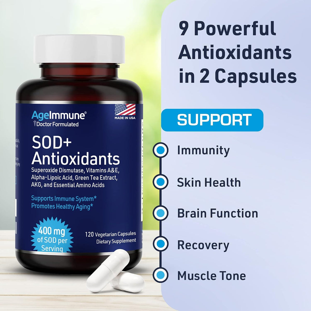SOD Antioxidants Complex Healthy Aging Supplement - 400mg of Superoxide Dismutase - Alpha Lipoic Acid - Green Tea Extract - L-Arginine - Lysine - AKG - Vitamins A and E for Immune Support-120 Capsules