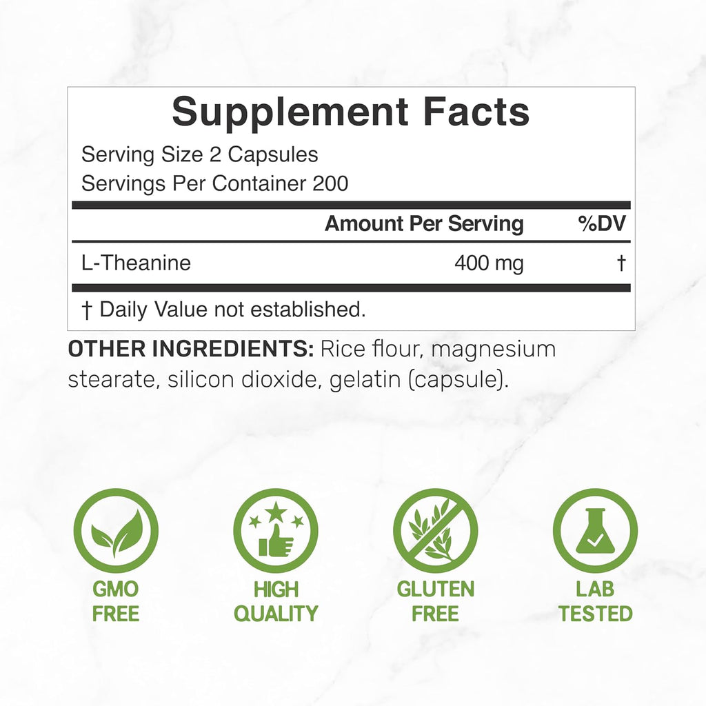 L-Theanine 400mg, 400 Capsules – Extra Strength Theanine Supplement – Amino Acids for Focus & Relaxation Support – Non-GMO & Gluten Free