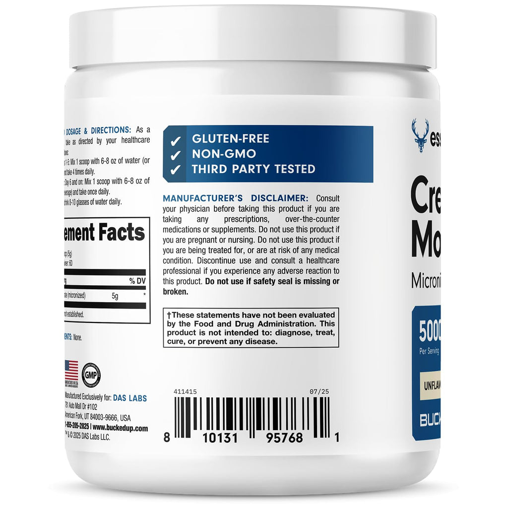 Bucked Up Pure Micronized Creatine Monohydrate for Women and Men - Easy to Mix and Unflavored - 5G Per Serving - 50 Servings - 250 Grams Per Container