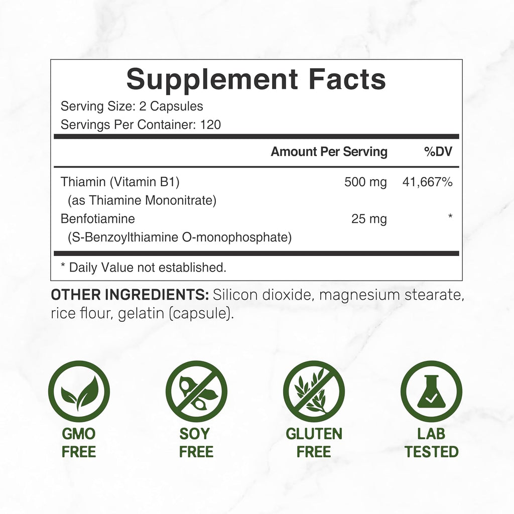 DEAL SUPPLEMENT Vitamin B1 500mg with Benfotiamine, 240 Capsules – 2 in 1 Enhanced Formula – Fat & Water Soluble Thiamine B1 Supplement – Third Party Tested, Non-GMO, No Gluten