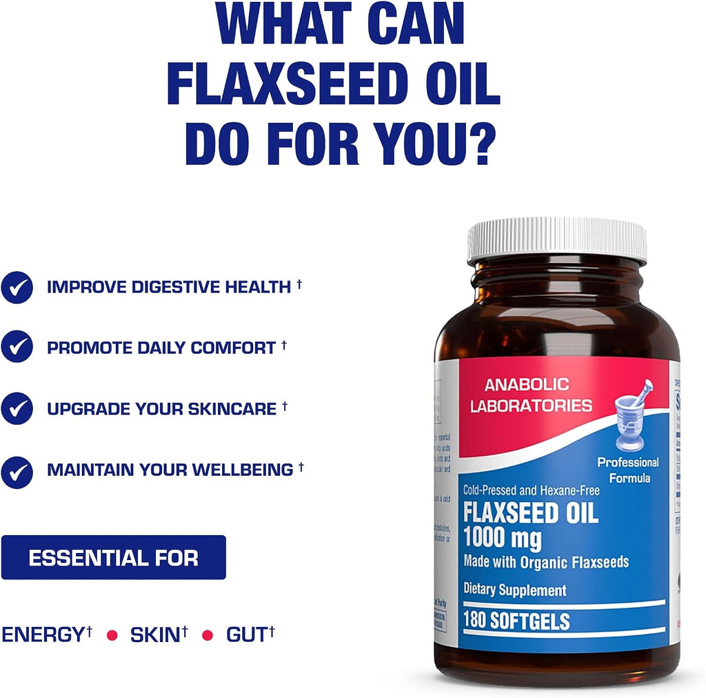 Cold Pressed Organic Flaxseed Oil 1000mg Softgels - Non GMO Organic Flax Seed Oil Rich in Naturally Occurring Omega 3 6 9 for Full Body Benefits - Fish Free Omega 3 Supplement (180 Softgels)