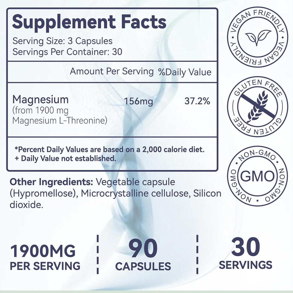 Magnesium L-Threonine, High Absorption Magnesium Supplement,90 Capsules | 1900mg Magnesium Threonine,Gluten Free,Vegan Capsules, 30 Day Supply