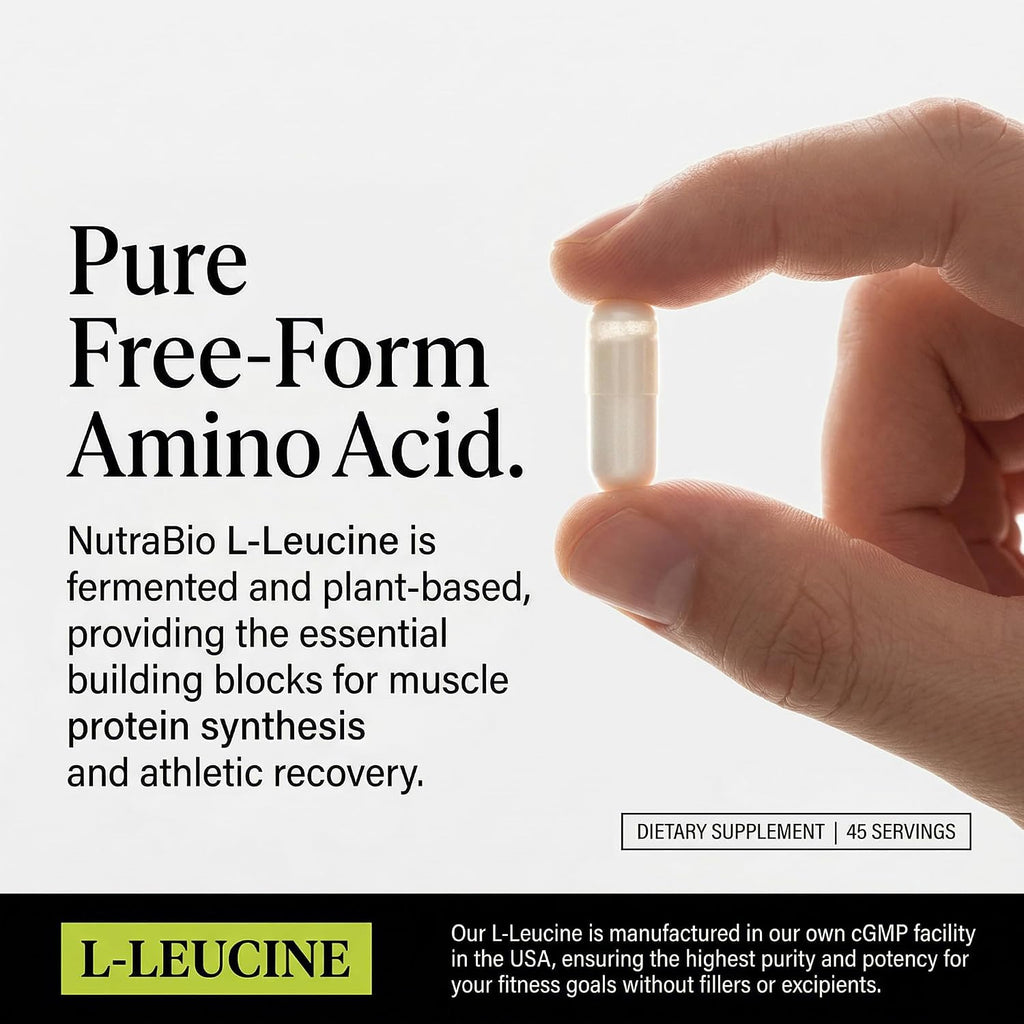 NutraBio L-Leucine Supplement - Optimal Amino Acid for Muscle Growth & Recovery - Naturally Fermented Free Form Leucine Amino Acids Supplement- Vegan, Non-GMO, Gluten Free - 400mg, 180 Capsules