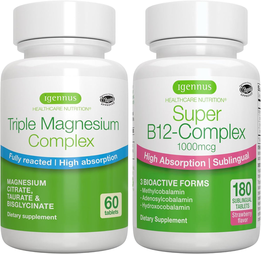Triple Magnesium Complex + Super B12-Complex Energy Bundle, High Absorption Chelated Glycinate, Taurate & Citrate Magnesium + High Absorption Sublingual B12, Vegan, by Igennus
